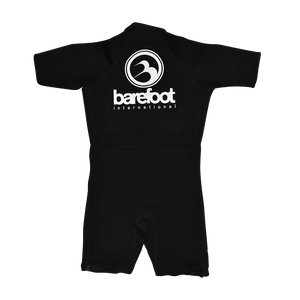 Back view of a black short-sleeve wetsuit with a large white Barefoot International logo on the upper back.