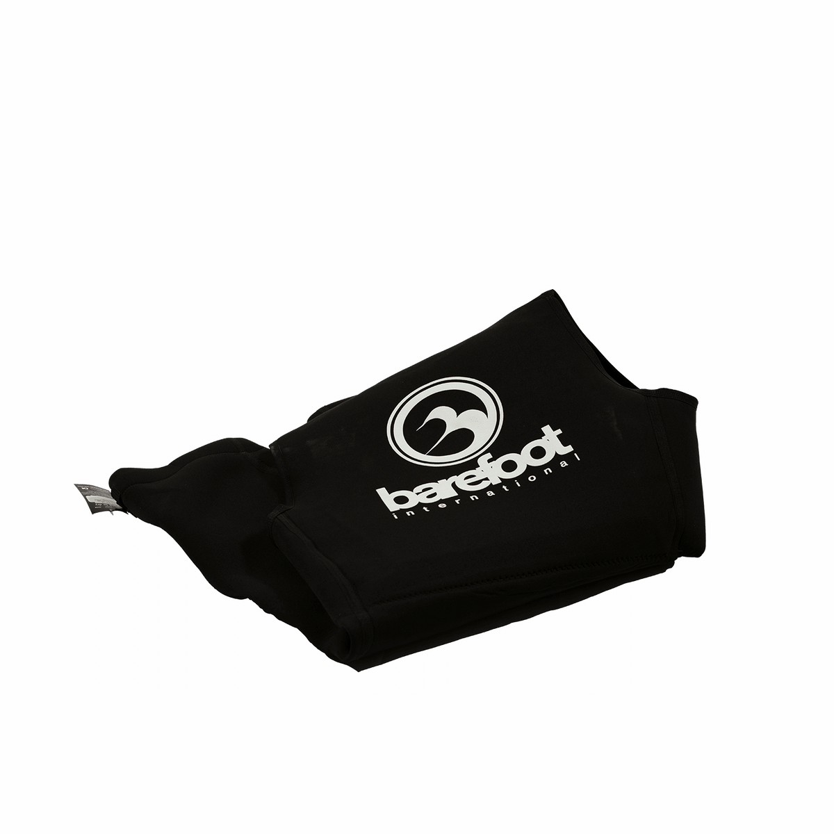 Folded black sleeveless wetsuit with the Barefoot International logo displayed on the back.